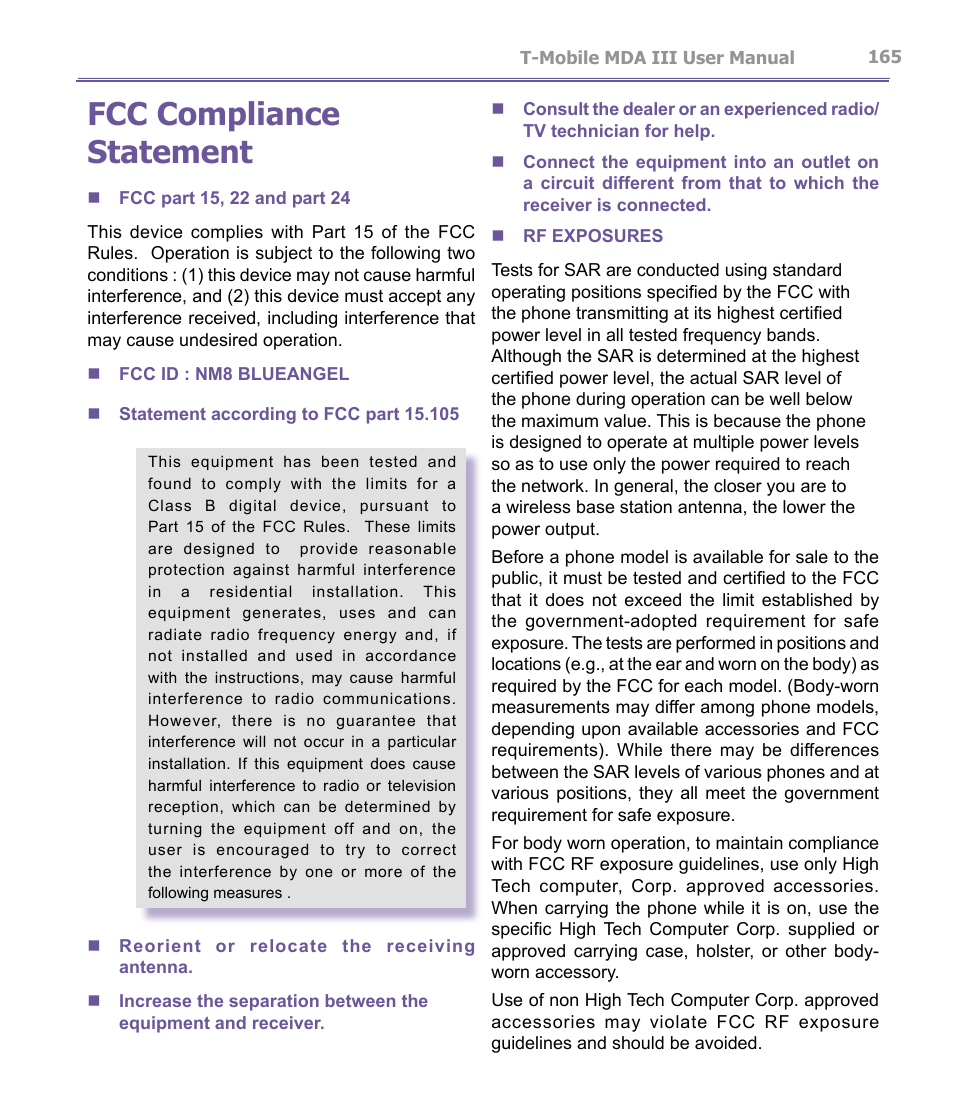 Fcc compliance statement | T-Mobile MDA III User Manual | Page 165 / 178