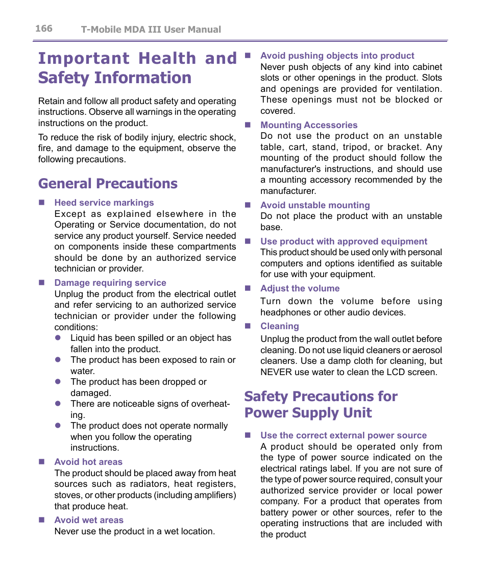 Important health and safety information, Safety precautions for power supply unit, General precautions | T-Mobile MDA III User Manual | Page 166 / 178