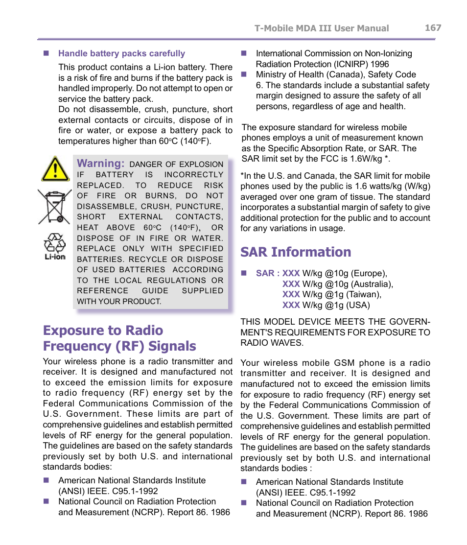 Sar information, Exposure to radio frequency (rf) signals, Warning | T-Mobile MDA III User Manual | Page 167 / 178