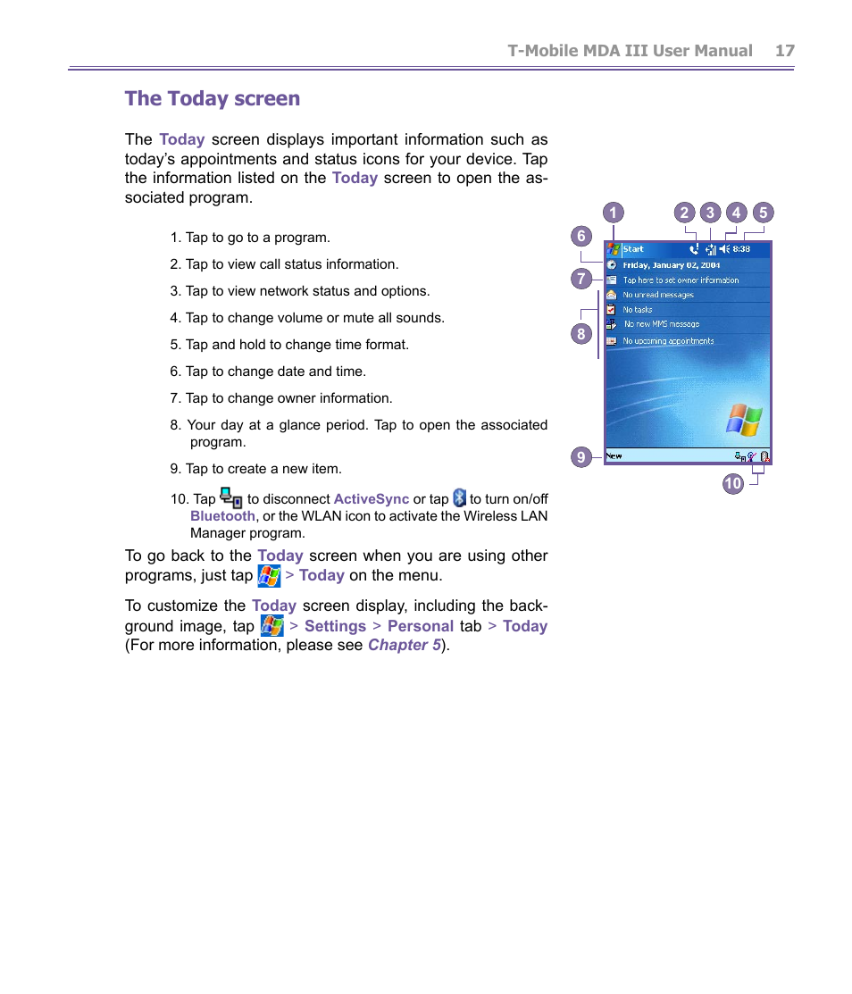 The today screen | T-Mobile MDA III User Manual | Page 17 / 178