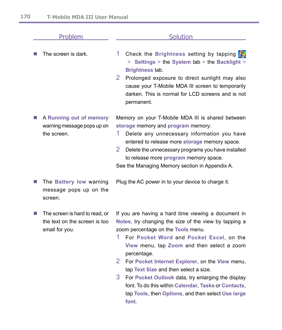 Solution 1, Problem | T-Mobile MDA III User Manual | Page 170 / 178