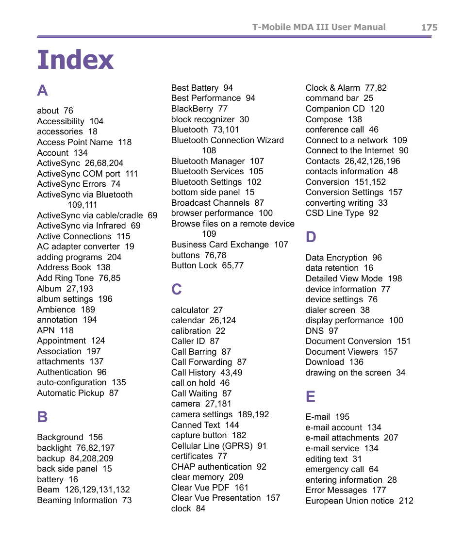 Index | T-Mobile MDA III User Manual | Page 175 / 178