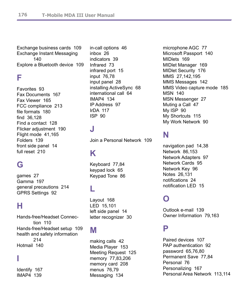 T-Mobile MDA III User Manual | Page 176 / 178