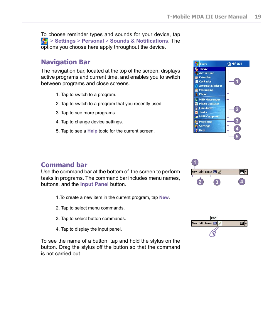 Navigation bar, Command bar | T-Mobile MDA III User Manual | Page 19 / 178