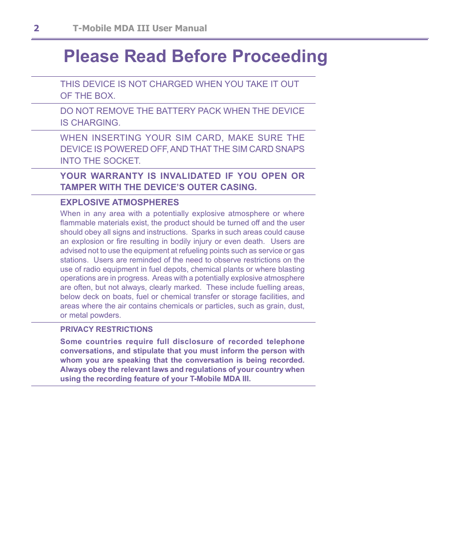 Please read before proceeding | T-Mobile MDA III User Manual | Page 2 / 178