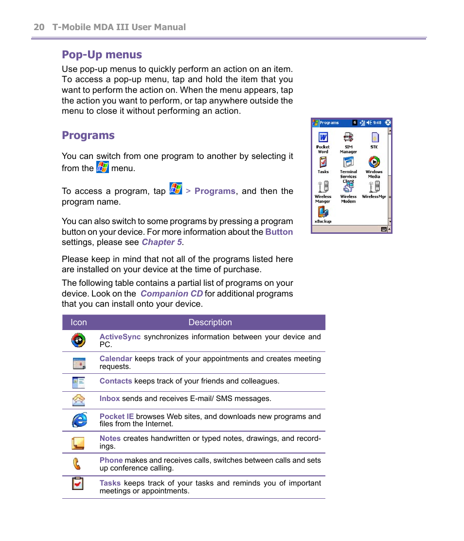 Pop-up menus, Programs | T-Mobile MDA III User Manual | Page 20 / 178