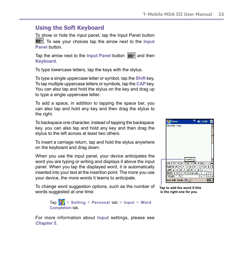 Using the soft keyboard | T-Mobile MDA III User Manual | Page 23 / 178