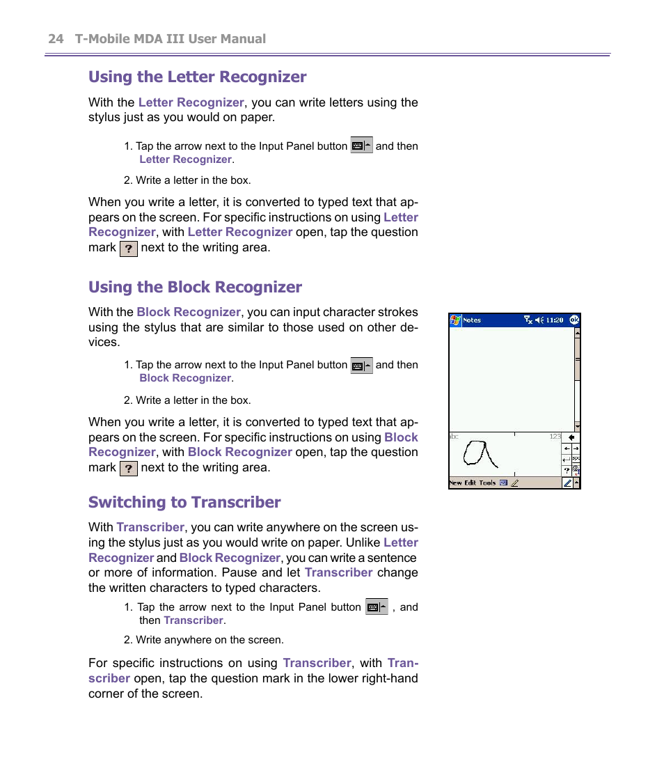 Using the letter recognizer, Using the block recognizer, Switching to transcriber | T-Mobile MDA III User Manual | Page 24 / 178