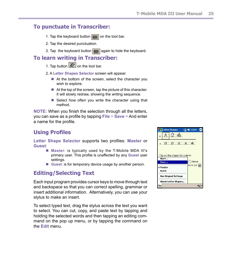 Using profiles, Editing/selecting text | T-Mobile MDA III User Manual | Page 25 / 178