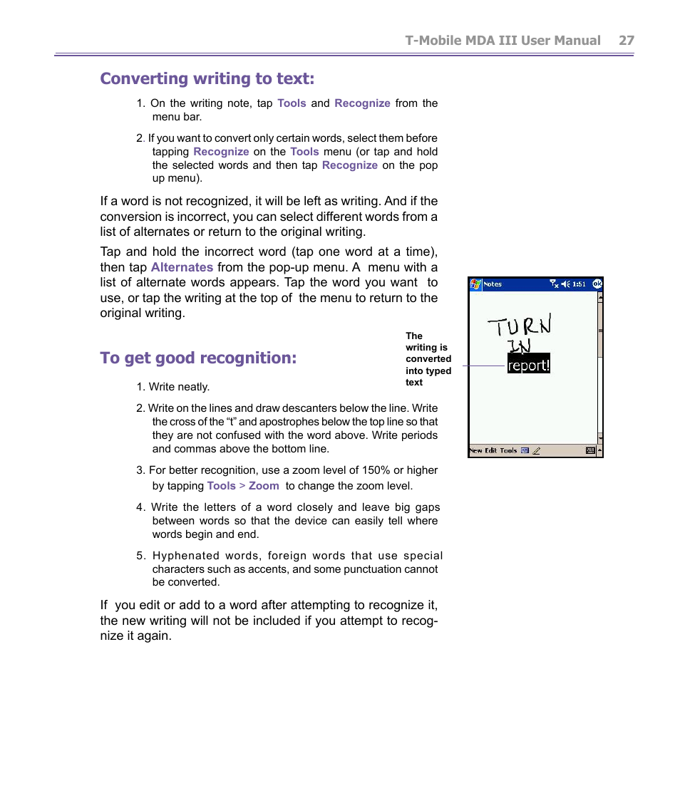Converting writing to text | T-Mobile MDA III User Manual | Page 27 / 178