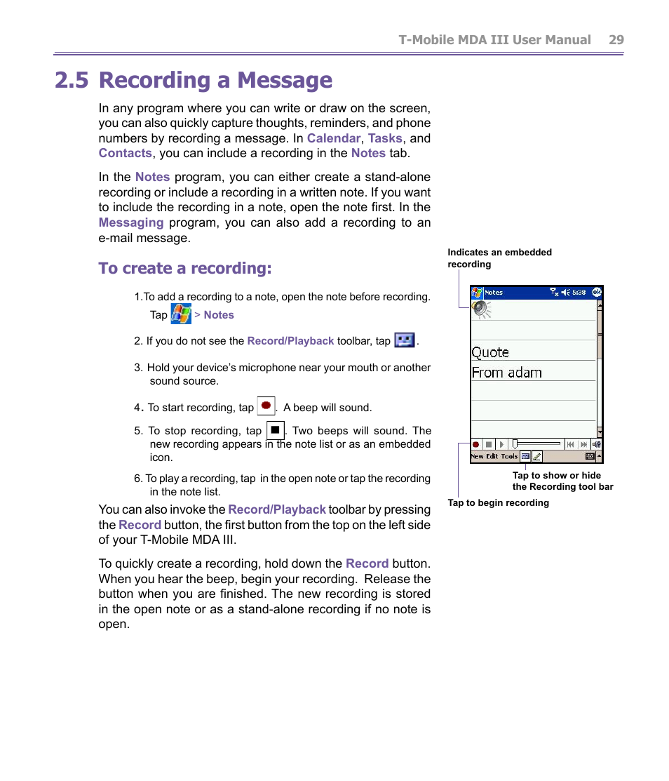 5 recording a message | T-Mobile MDA III User Manual | Page 29 / 178