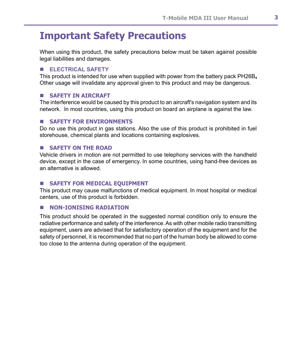 Important safety precautions | T-Mobile MDA III User Manual | Page 3 / 178