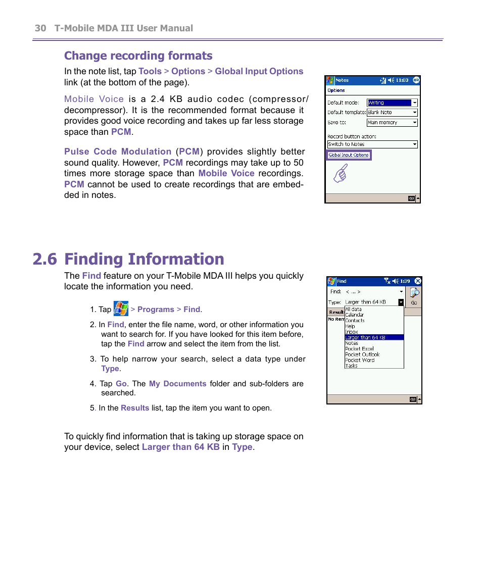 6 finding information, Change recording formats | T-Mobile MDA III User Manual | Page 30 / 178