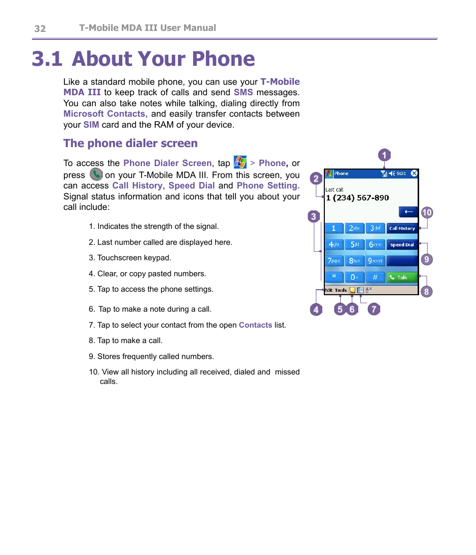 1 about your phone, The phone dialer screen | T-Mobile MDA III User Manual | Page 32 / 178
