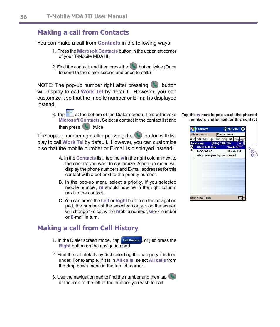 Making a call from contacts, Making a call from call history | T-Mobile MDA III User Manual | Page 36 / 178