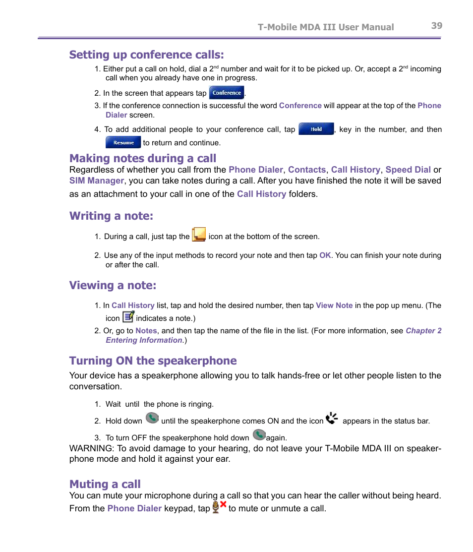 Setting up conference calls, Turning on the speakerphone, Muting a call | T-Mobile MDA III User Manual | Page 39 / 178
