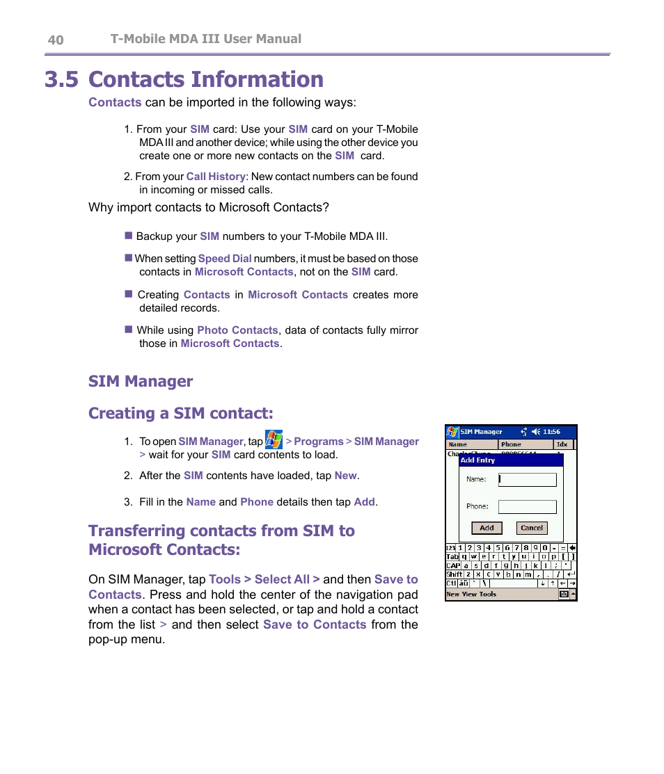 5 contacts information, Sim manager creating a sim contact | T-Mobile MDA III User Manual | Page 40 / 178