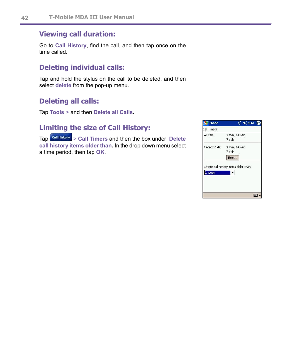 Viewing call duration, Deleting individual calls, Deleting all calls | Limiting the size of call history | T-Mobile MDA III User Manual | Page 42 / 178