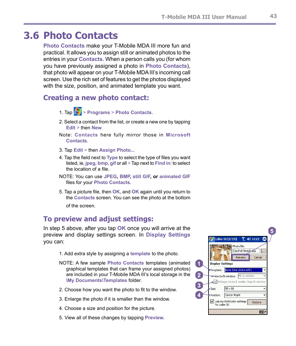 6 photo contacts, Creating a new photo contact | T-Mobile MDA III User Manual | Page 43 / 178
