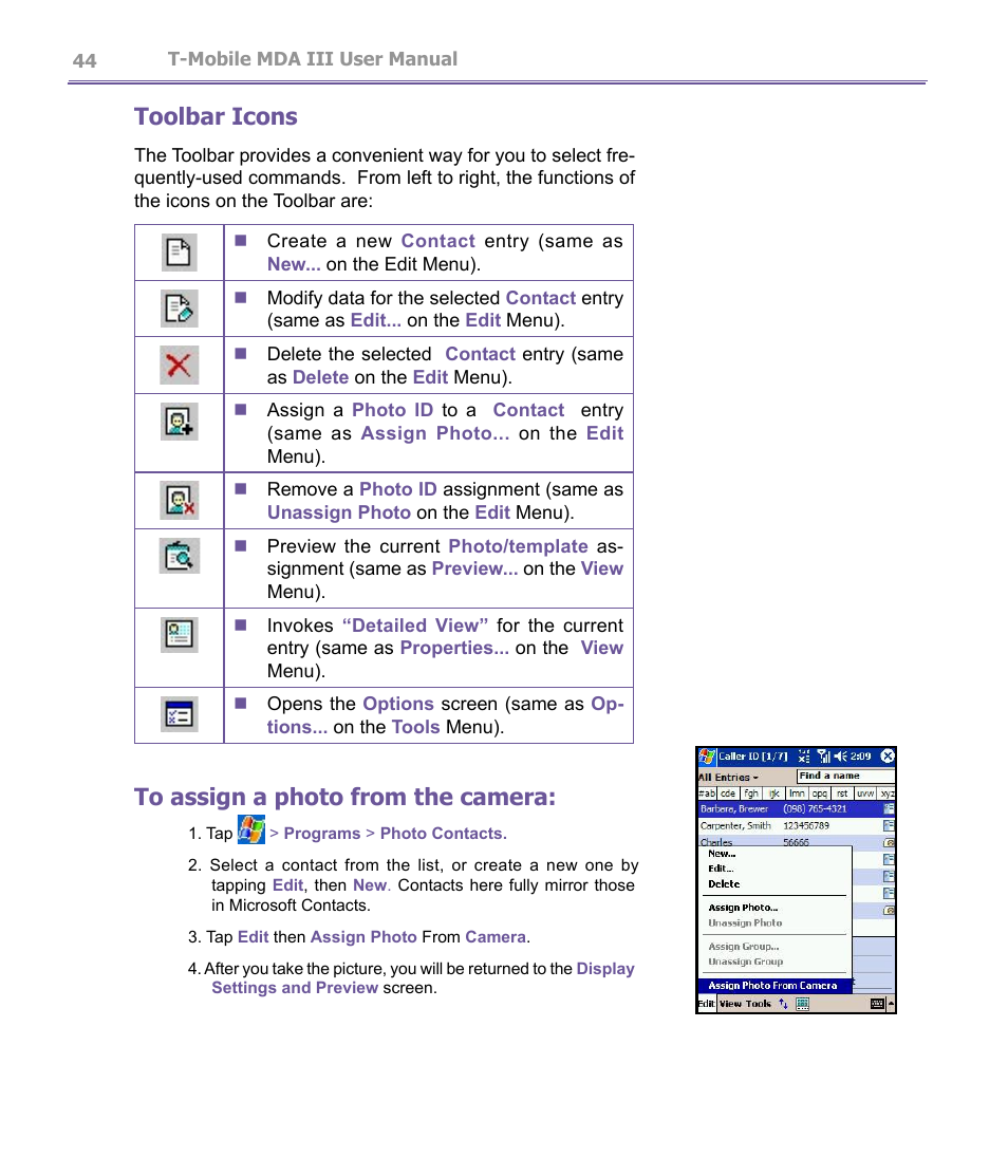 Toolbar icons | T-Mobile MDA III User Manual | Page 44 / 178