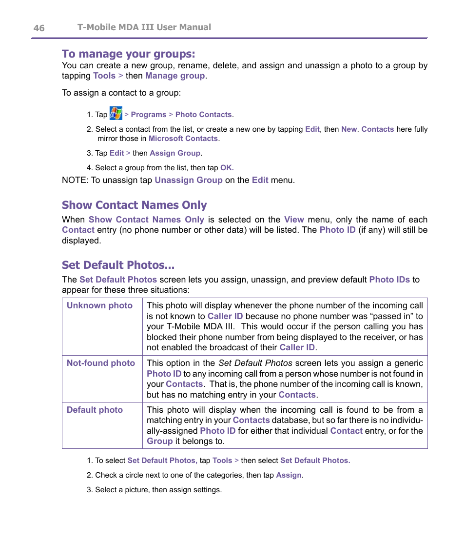 Show contact names only, Set default photos | T-Mobile MDA III User Manual | Page 46 / 178