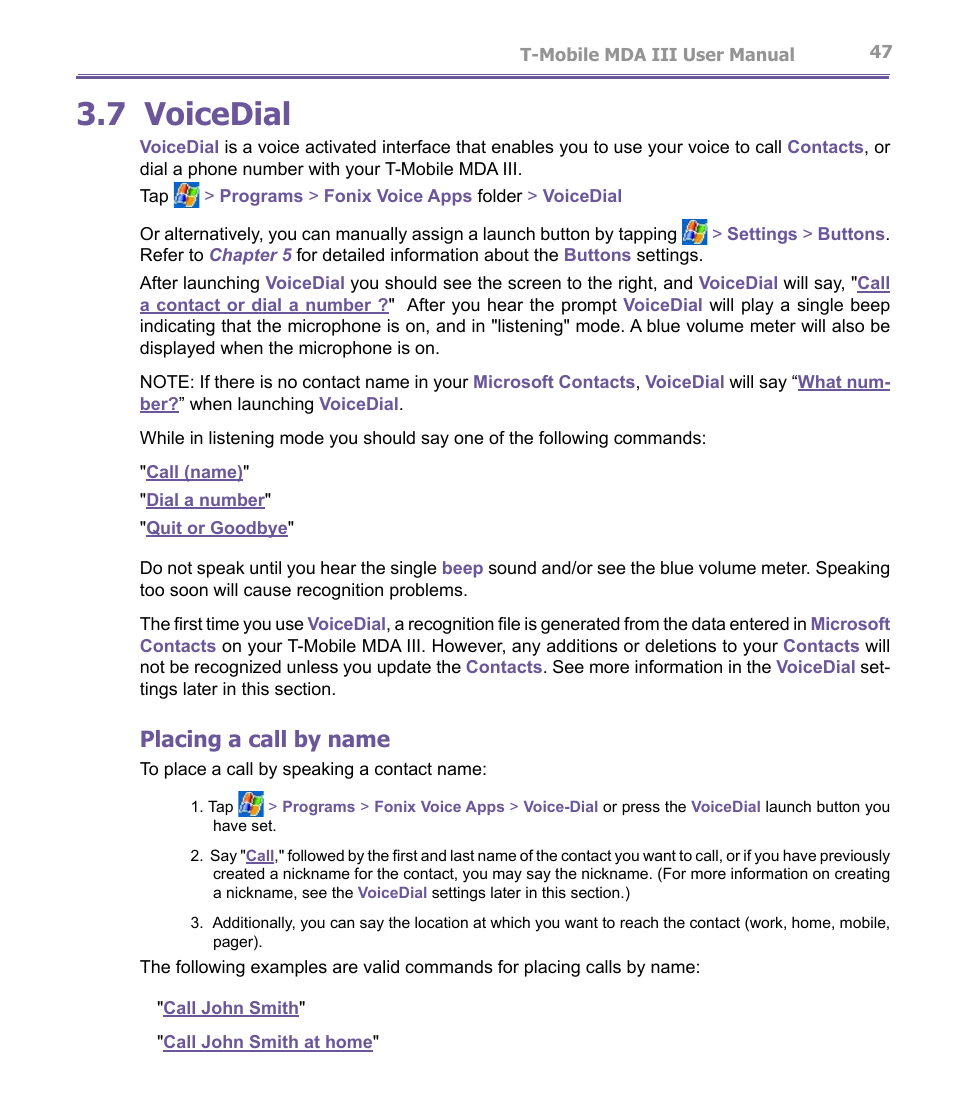 7 voicedial, Placing a call by name | T-Mobile MDA III User Manual | Page 47 / 178
