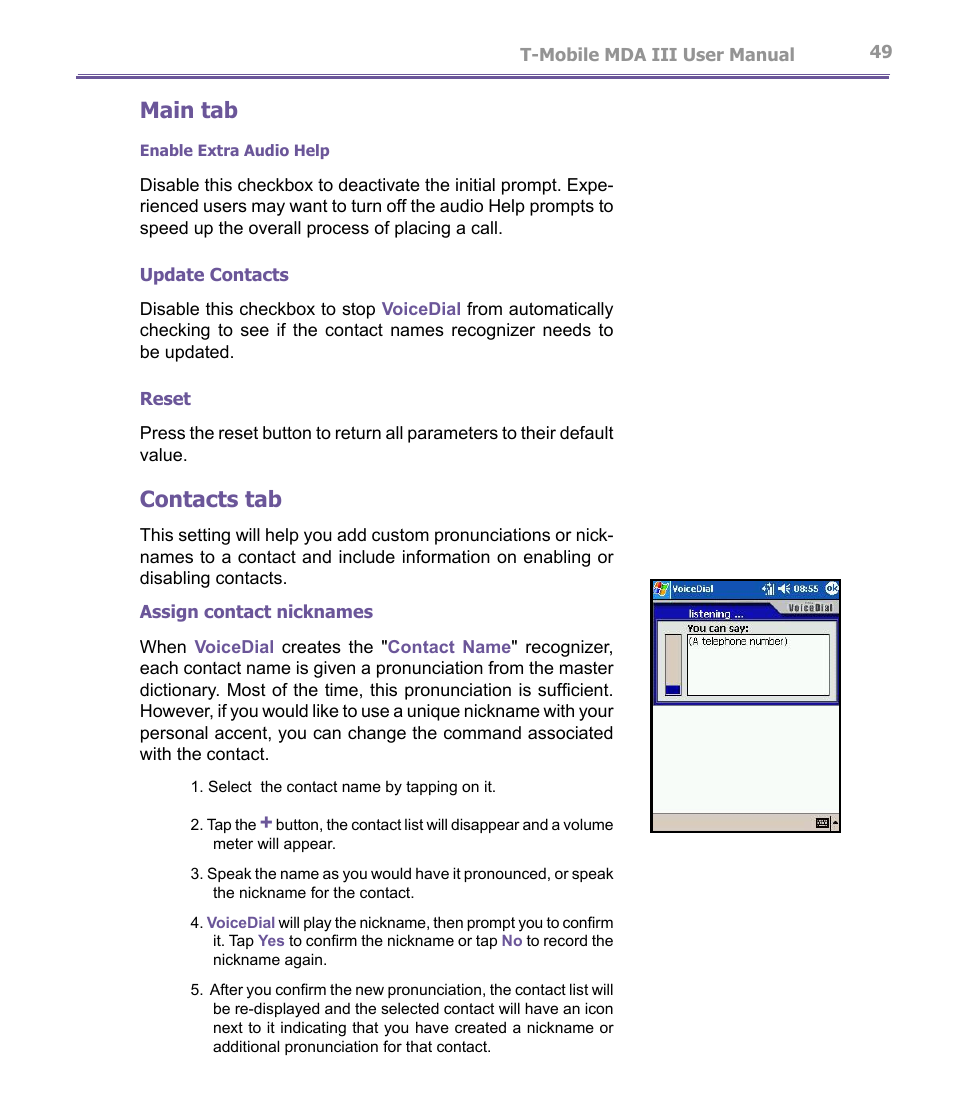 Main tab, Contacts tab | T-Mobile MDA III User Manual | Page 49 / 178