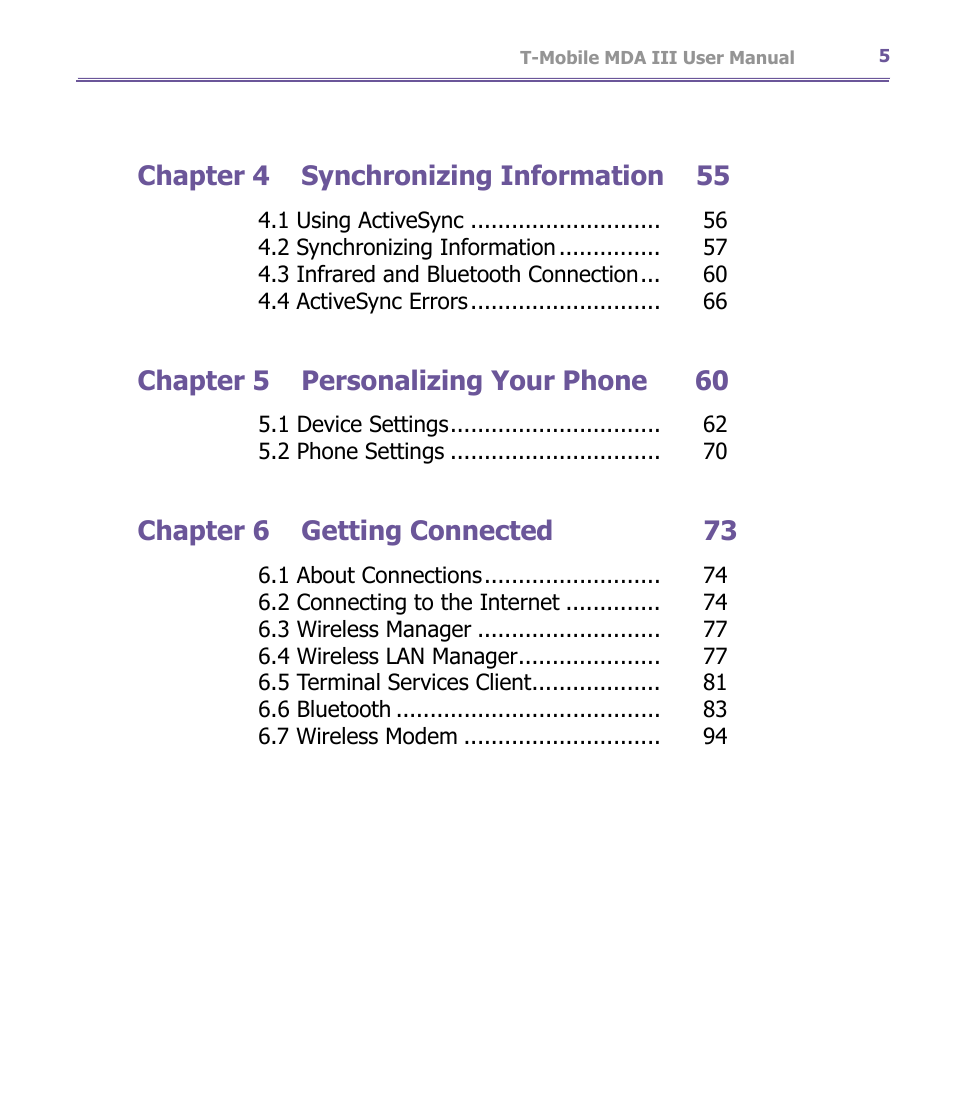 Chapter 4 synchronizing information 55, Chapter 5 personalizing your phone 60, Chapter 6 getting connected 73 | T-Mobile MDA III User Manual | Page 5 / 178
