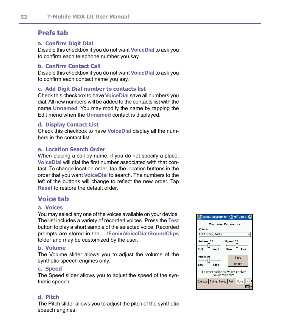 Prefs tab, Voice tab | T-Mobile MDA III User Manual | Page 52 / 178