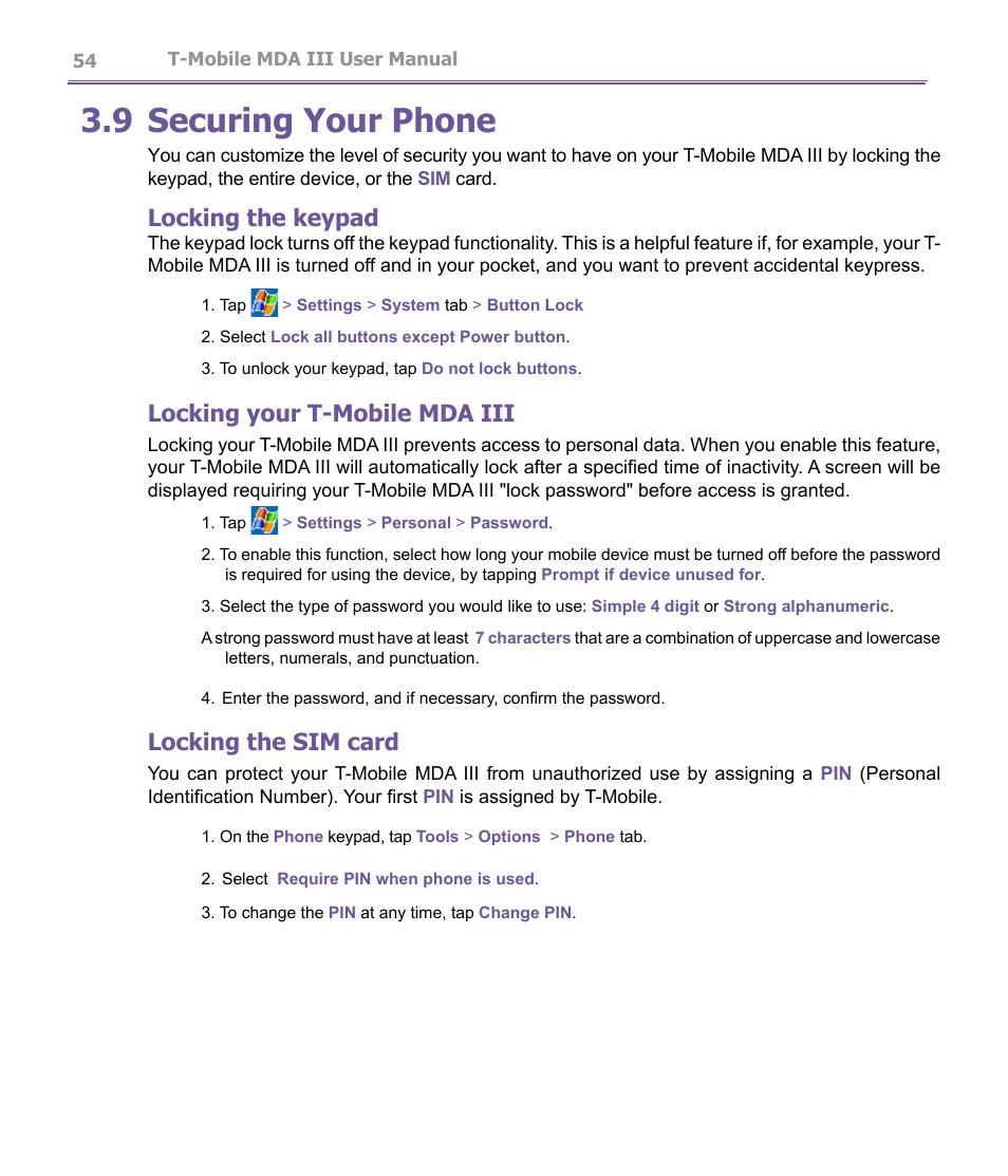 9 securing your phone, Locking the keypad, Locking your t-mobile mda iii | Locking the sim card | T-Mobile MDA III User Manual | Page 54 / 178
