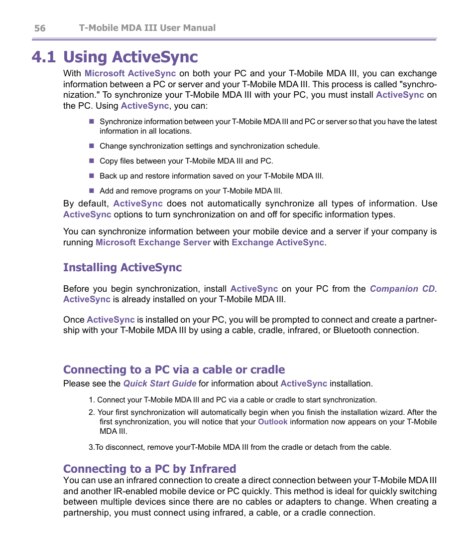 1 using activesync, Installing activesync, Connecting to a pc via a cable or cradle | Connecting to a pc by infrared | T-Mobile MDA III User Manual | Page 56 / 178