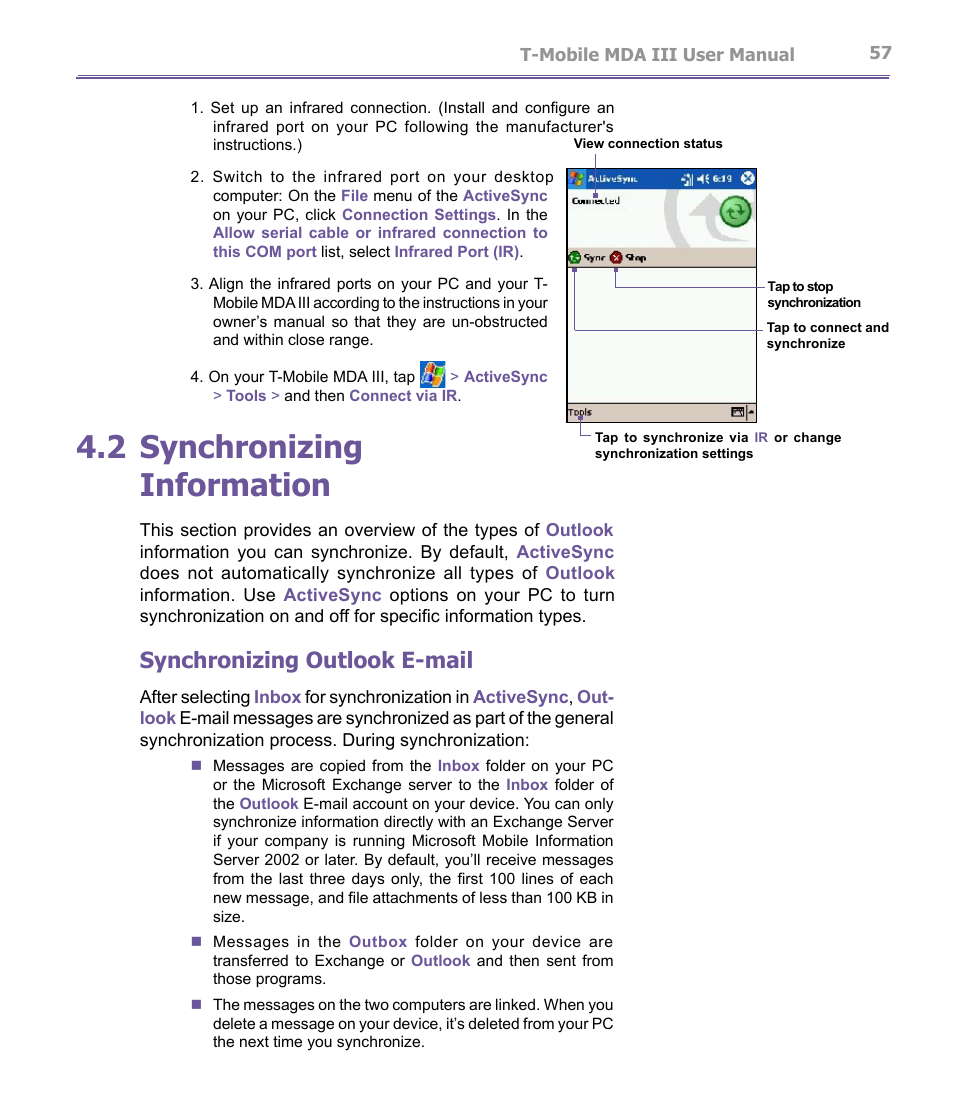 2 synchronizing information, Synchronizing outlook e-mail | T-Mobile MDA III User Manual | Page 57 / 178