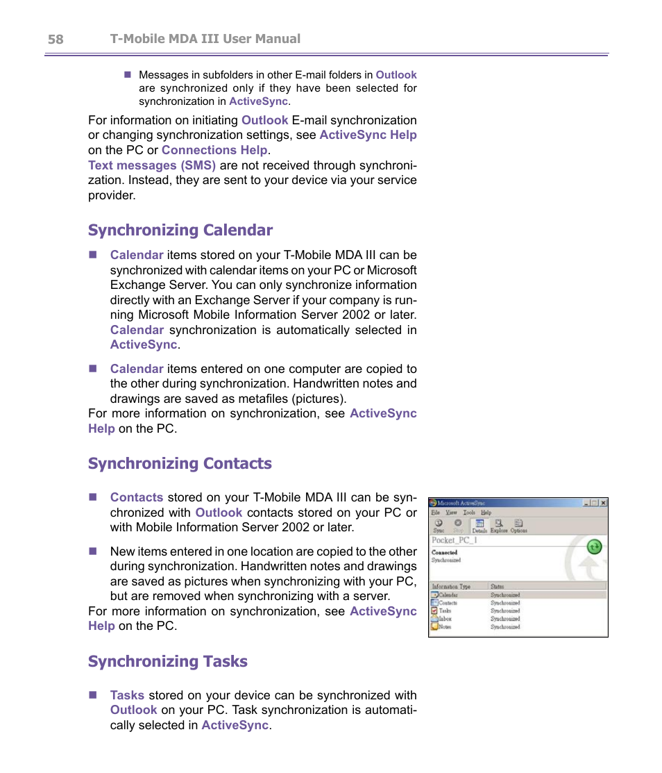 Synchronizing calendar, Synchronizing contacts, Synchronizing tasks | T-Mobile MDA III User Manual | Page 58 / 178