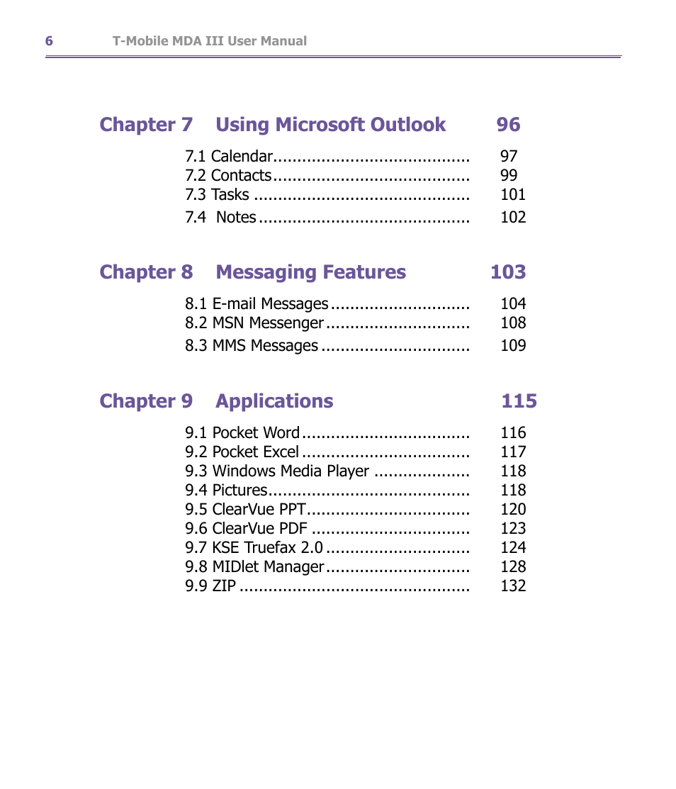 Chapter 7 using microsoft outlook 96, Chapter 8 messaging features 103, Chapter 9 applications 115 | T-Mobile MDA III User Manual | Page 6 / 178