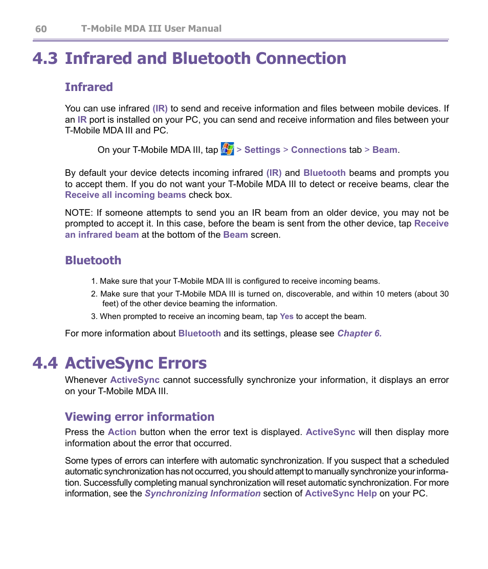 3 infrared and bluetooth connection, 4 activesync errors, Infrared | Bluetooth, Viewing error information | T-Mobile MDA III User Manual | Page 60 / 178