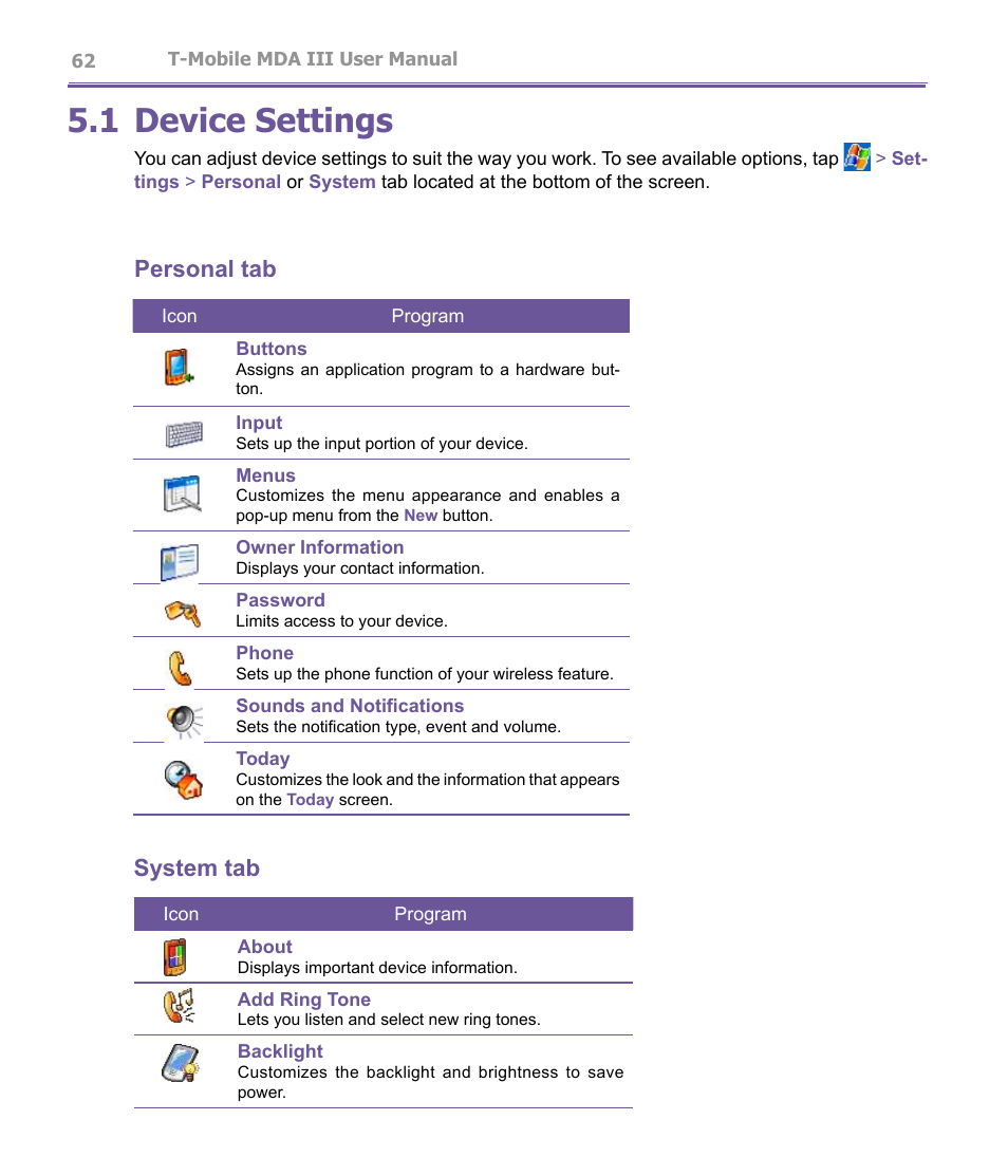1 device settings, Personal tab system tab | T-Mobile MDA III User Manual | Page 62 / 178