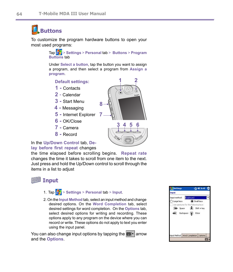 Buttons, Input | T-Mobile MDA III User Manual | Page 64 / 178