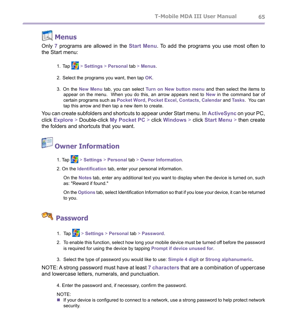 Menus, Owner information, Password | T-Mobile MDA III User Manual | Page 65 / 178
