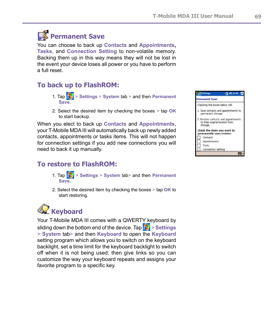 Permanent save, Keyboard | T-Mobile MDA III User Manual | Page 69 / 178