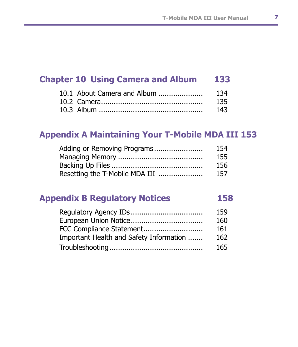 Appendix a maintaining your t-mobile mda iii 153, Appendix b regulatory notices 158 | T-Mobile MDA III User Manual | Page 7 / 178