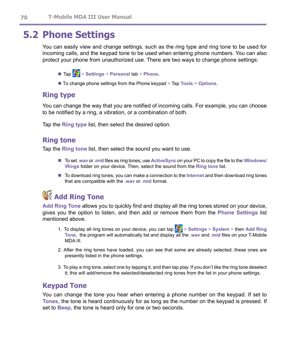 2 phone settings, Ring type, Ring tone | Add ring tone, Keypad tone | T-Mobile MDA III User Manual | Page 70 / 178