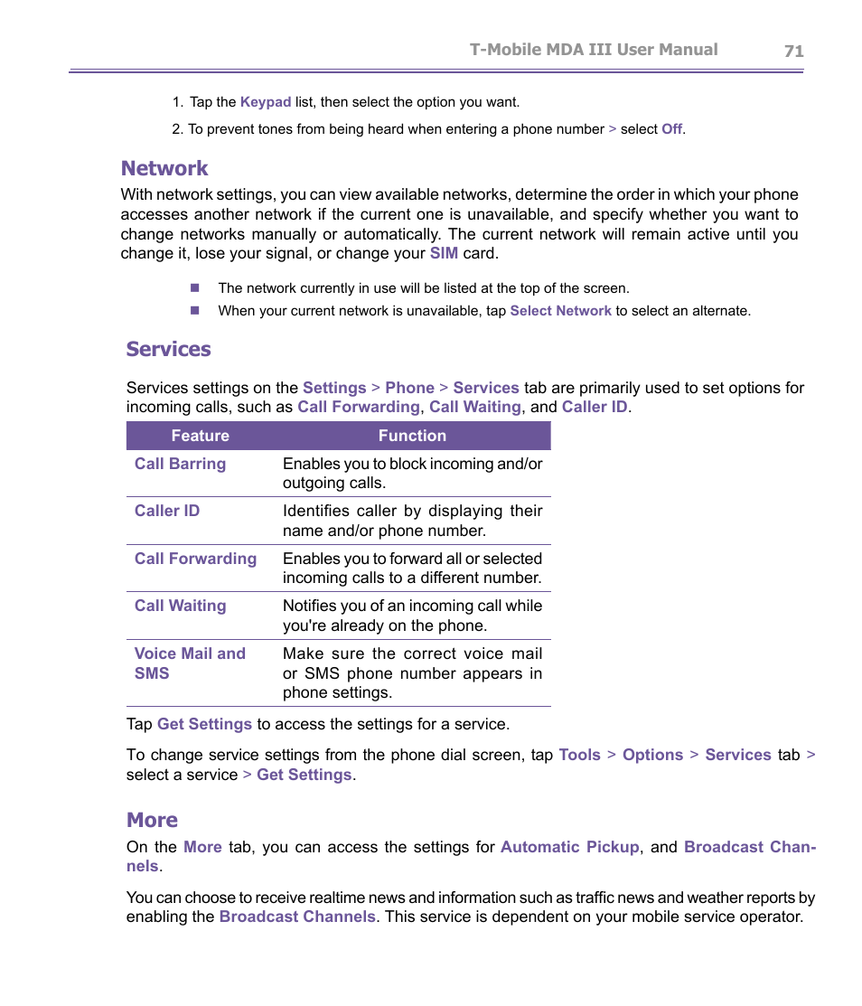 Network, Services, More | T-Mobile MDA III User Manual | Page 71 / 178
