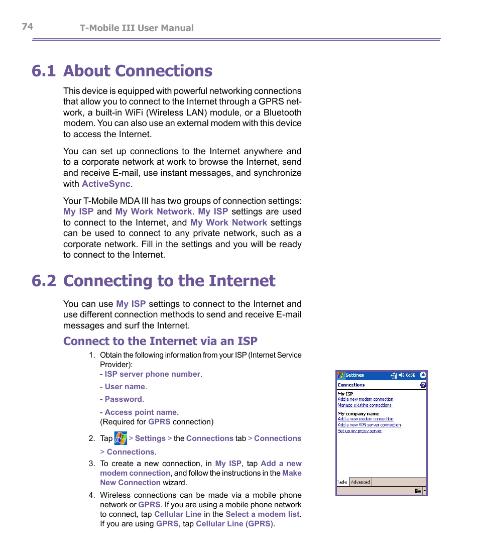 1 about connections, 2 connecting to the internet, Connect to the internet via an isp | T-Mobile MDA III User Manual | Page 74 / 178