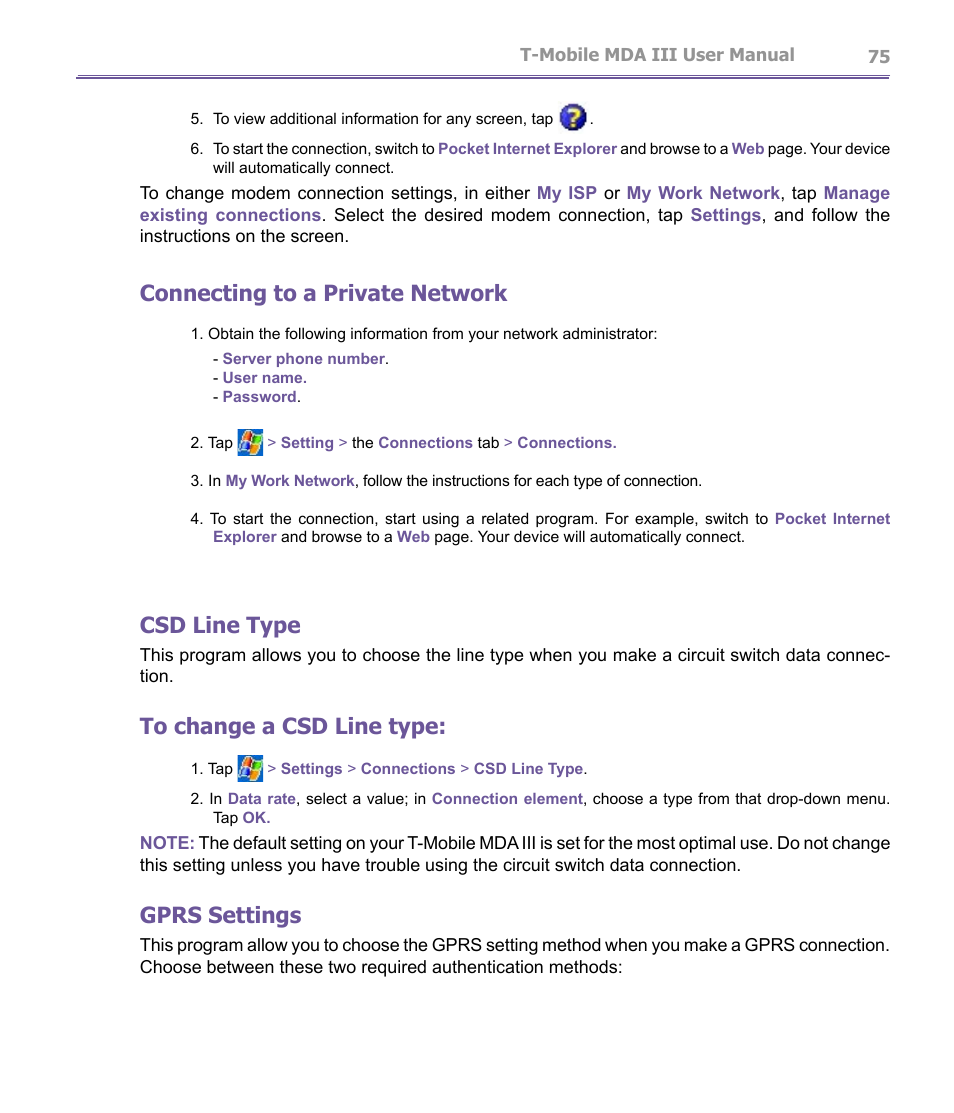 Connecting to a private network, Csd line type, Gprs settings | T-Mobile MDA III User Manual | Page 75 / 178