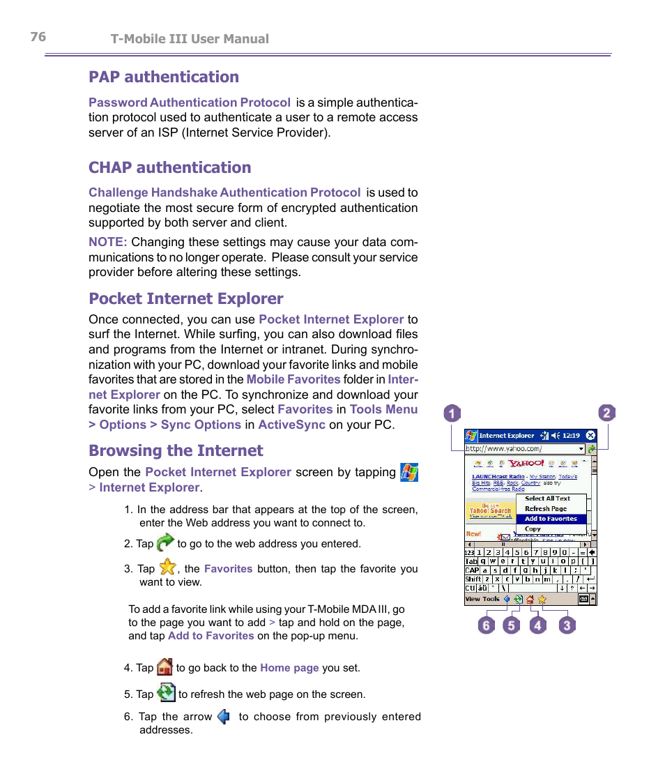 Pap authentication, Chap authentication, Pocket internet explorer | Browsing the internet | T-Mobile MDA III User Manual | Page 76 / 178