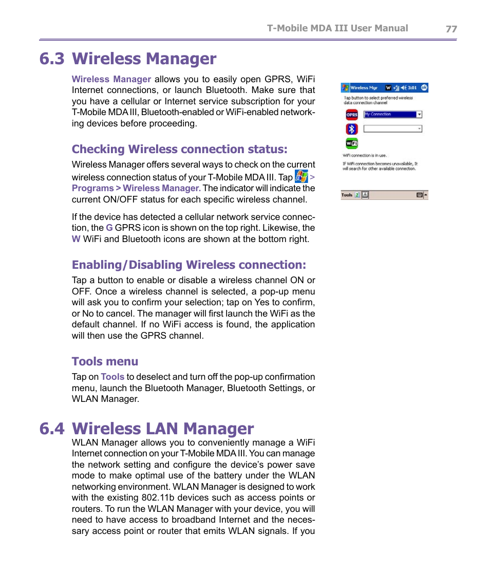 3 wireless manager, 4 wireless lan manager, Checking wireless connection status | Enabling/disabling wireless connection, Tools menu | T-Mobile MDA III User Manual | Page 77 / 178