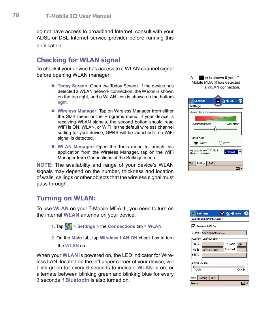 Checking for wlan signal, Turning on wlan | T-Mobile MDA III User Manual | Page 78 / 178