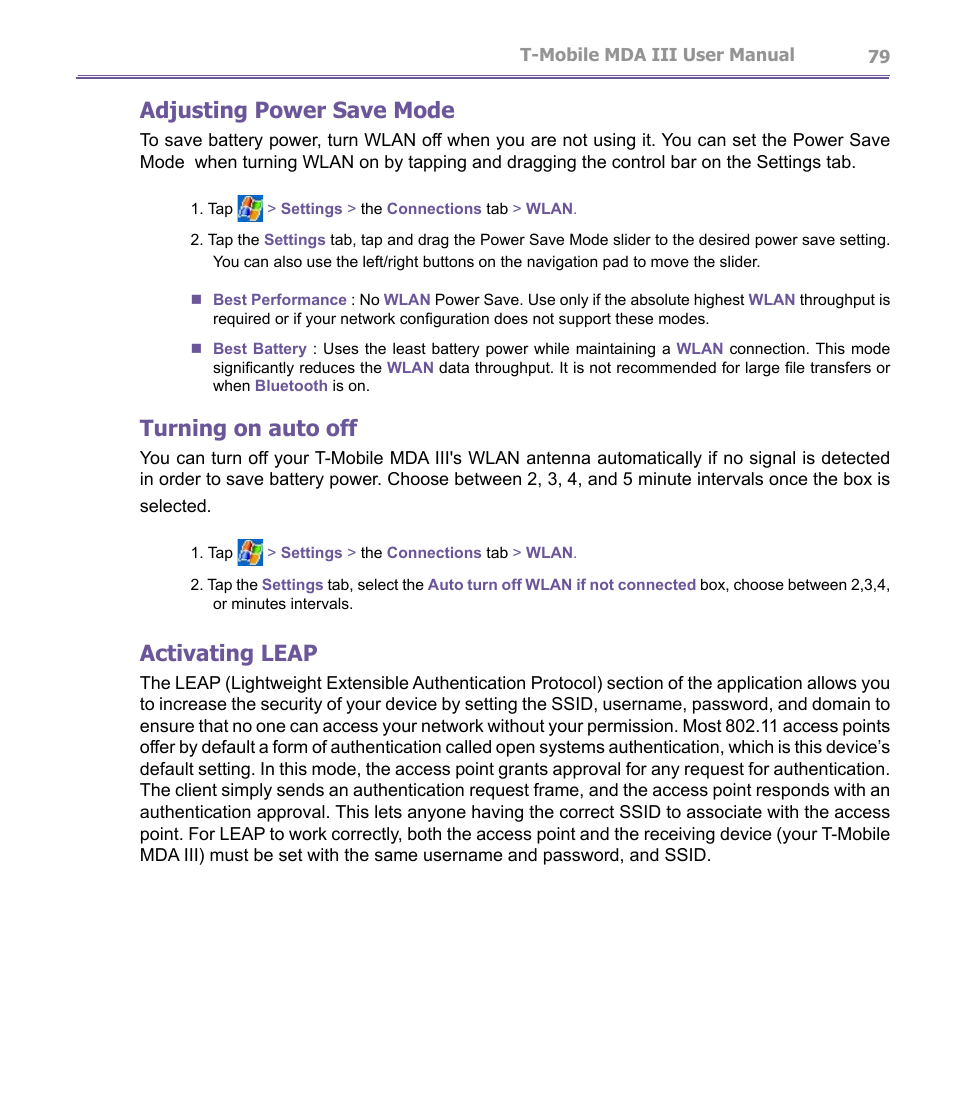 Adjusting power save mode, Turning on auto off, Activating leap | T-Mobile MDA III User Manual | Page 79 / 178