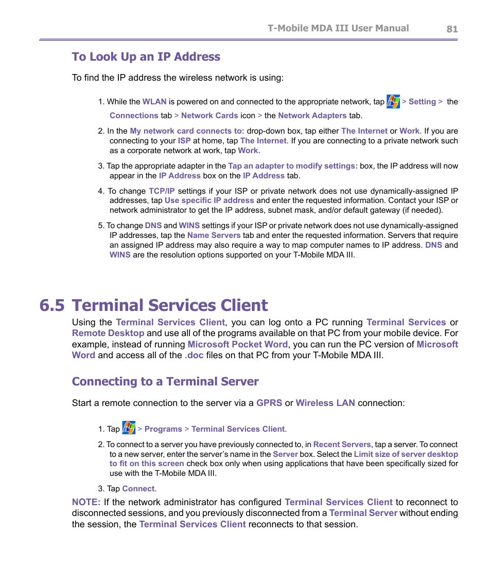 5 terminal services client, Connecting to a terminal server | T-Mobile MDA III User Manual | Page 81 / 178