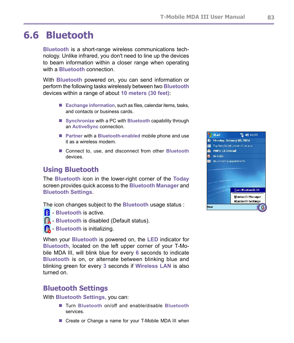 6 bluetooth, Using bluetooth, Bluetooth settings | T-Mobile MDA III User Manual | Page 83 / 178